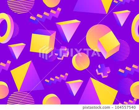 Seamless pattern with geometric 3d shapes in 80s style. Gradient 3d shapes in isometric style. Geometric memphis style. Design for wallpaper, wrapping paper and printing. Vector illustration 104557540