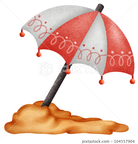 Cute white and red umbrella in the sand 104557904