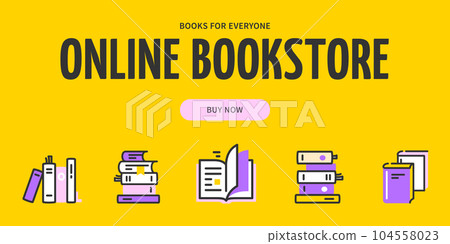 Online Bookstore Buy Now Button Horizontal Placard Poster Banner Card Template. Vector 104558023