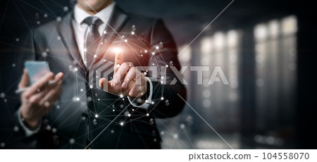 Businessman working online with electronic dollars . Businessman working online with electronic dollars . 104558070