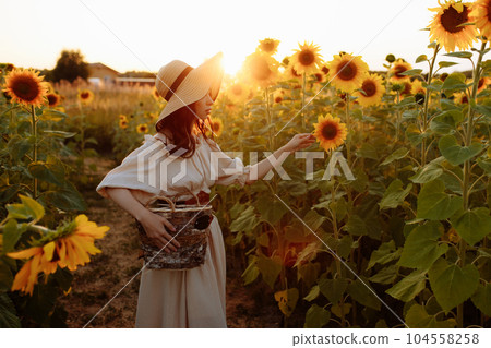 Beautiful woman in a dress in a field of sunflowers 104558258