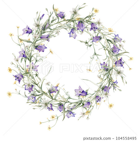 Wreath of yellow, white, blue, violet flower meadow, forest flowers. Buttercup, stellaria holostea, bluebell, bellflower .Watercolor hand painting illustration on isolate. , circlet of flowers Wreath of yellow, white, blue, violet flower meadow, forest flowers. Buttercup, stellaria holostea, bluebell, bellflower .Watercolor hand painting illustration on isolate. , circlet of flowers 104558495