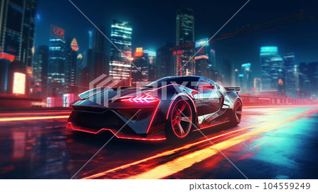Epic Cyberpumk Sports Car Neon Retro Wave Style Epic Cyberpumk Sports Car Neon Retro Wave Style 104559249