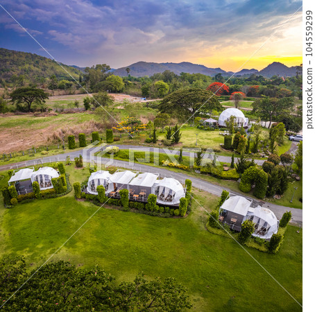Aerial view of a glamping or camping area with tents in Khao Yai, Nakhon Ratchasima, Thailand 104559299