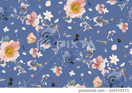 Seamless floral pattern. Dusty blue, light pink anemone flowers, white hydrangea petals, berries, golden glitter. Watercolor bouquet. Vector illustration. Stylish background, wallpaper, textile fabric Seamless floral pattern. Dusty blue, light pink anemone flowers, white hydrangea petals, berries, golden glitter. Watercolor bouquet. Vector illustration. Stylish background, wallpaper, textile fabric 104559573