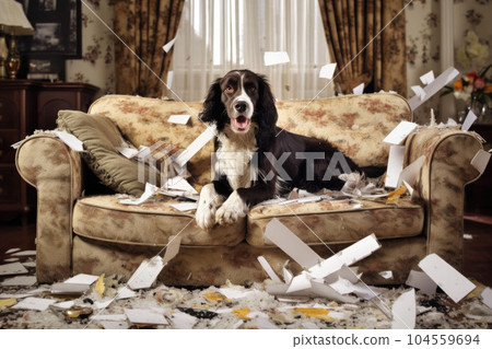 Dog destroying cushions on sofa. Naughty playful dog after biting a pillow. Generative AI 104559694