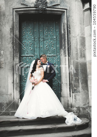 Luxury married wedding couple, bride and groom posing in old city 104559790
