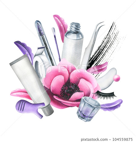 Tools and cosmetics for eyelash lamination with brushes, silicone rollers, anemone flower and strokes of paint. Watercolor illustration, hand drawn. Isolated composition on a white background. Tools and cosmetics for eyelash lamination with brushes, silicone rollers, anemone flower and strokes of paint. Watercolor illustration, hand drawn. Isolated composition on a white background. 104559875