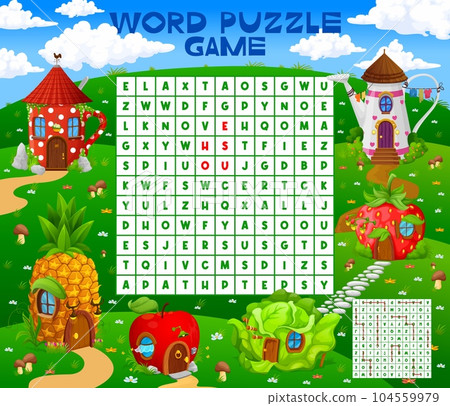 Word search puzzle game with cartoon fairytale houses village, vector worksheet grid. Kids word search quiz game with fairy or gnome dwellings in mug or watering can, cabbage, apple and strawberry Word search puzzle game with cartoon fairytale houses village, vector worksheet grid. Kids word search quiz game with fairy or gnome dwellings in mug or watering can, cabbage, apple and strawberry 104559979