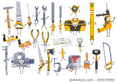 Cartoon diy and construction tool characters. Funny repair instruments wallpaper roll, axe, drill, file or fretsaw, ruler pliers, jigsaw and planer, vice, trowel, tape measure, hammer or sledgehammer 104559998