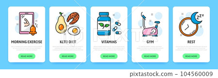 Mobile app onboarding screen, keto diet, fitness, vitamins, gym and rest, vector application templates. Healthcare onboarding screen with line icons of gym exercises, diet and healthy eating plan Mobile app onboarding screen, keto diet, fitness, vitamins, gym and rest, vector application templates. Healthcare onboarding screen with line icons of gym exercises, diet and healthy eating plan 104560009