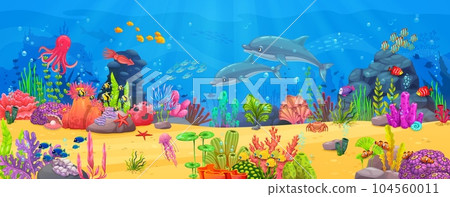 Banner or arcade game level with sea underwater animals and seaweeds ocean landscape. Cartoon vector background with bright undersea biodiversity, dolphins, octopus, jellyfish and starfish on seafloor Banner or arcade game level with sea underwater animals and seaweeds ocean landscape. Cartoon vector background with bright undersea biodiversity, dolphins, octopus, jellyfish and starfish on seafloor 104560011