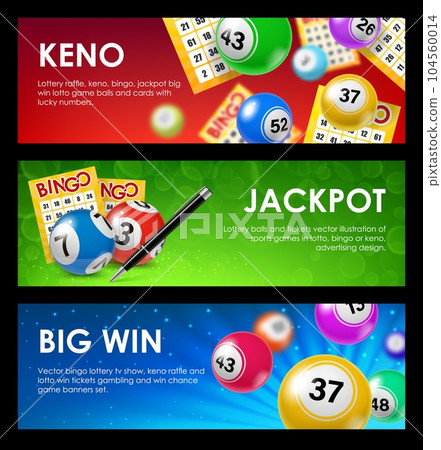 Bingo and keno lottery balls, tickets. Gamble lucky bet, gambling lottery fortune chance or keno game jackpot win vector background. Casino lotto opportunity banners with bingo tickets and balls 104560014