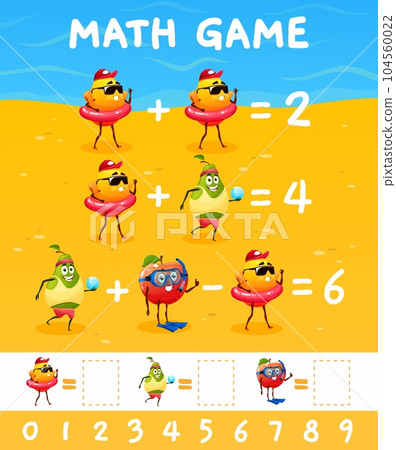 Cartoon fruits on summer vacations, math game worksheet with funny characters, vector quiz. Cheerful apple with orange and pear fruit in kids mathematics education puzzle game for numbers count Cartoon fruits on summer vacations, math game worksheet with funny characters, vector quiz. Cheerful apple with orange and pear fruit in kids mathematics education puzzle game for numbers count 104560022