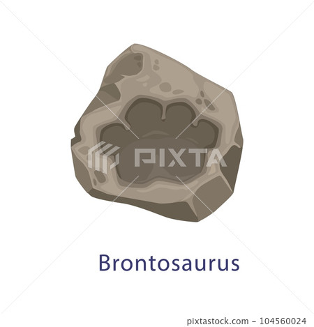 Ancient dinosaur footprint, brontosaurus fossil. Isolated vector dino animal paw print, reptile foot trail impression in stone piece. Cartoon ancient jurassic era archaeological and paleontology finds Ancient dinosaur footprint, brontosaurus fossil. Isolated vector dino animal paw print, reptile foot trail impression in stone piece. Cartoon ancient jurassic era archaeological and paleontology finds 104560024