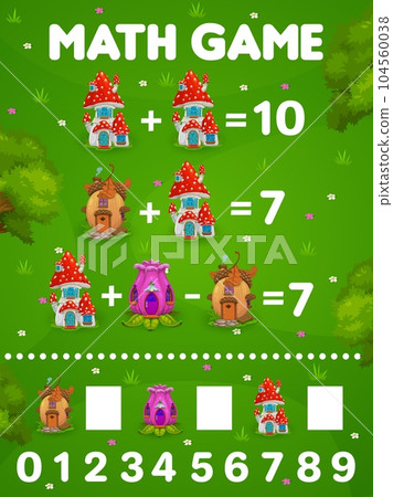 Math game worksheet, cartoon elf and gnome house buildings, vector quiz puzzle. Magic village dwellings of elf in mushroom amanita, acorn and tulip flower, kids math game for addition and subtraction 104560038