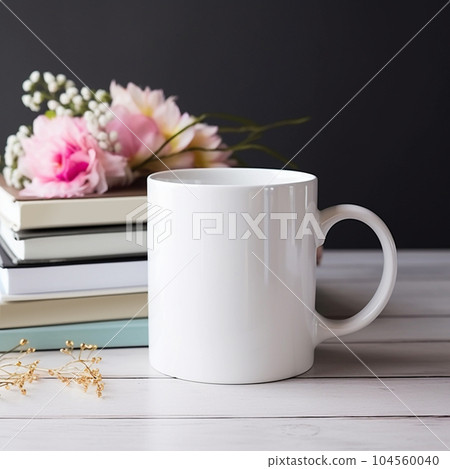Coffee mug, a white cup on a table with books and flowers. Styled photo, product mockup Coffee mug, a white cup on a table with books and flowers. Styled photo, product mockup 104560040