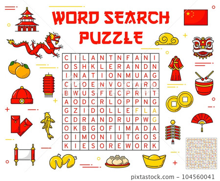 Chinese holidays items. Word search puzzle game worksheet. Intellectual riddle, quiz or puzzle with words find task. Vocabulary game vector page with Chinese culture symbols, clothing items and meals Chinese holidays items. Word search puzzle game worksheet. Intellectual riddle, quiz or puzzle with words find task. Vocabulary game vector page with Chinese culture symbols, clothing items and meals 104560041