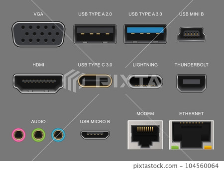 Connector and charge ports. Usb and vga, hdmi and audio realistic sockets for gadget and electronics device, laptop, modem, ethernet. Vector thunderbolt, lightning, mini or micro usb plug types 104560064