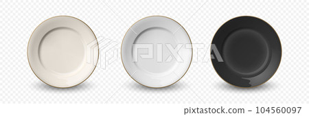 Vector 3d Realistic Beige, White, Black Empty Porcelain, Ceramic Plate Icon Closeup Isolated. Design Template for Mockup. Stock Vector Illustration. Front View 104560097