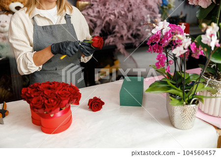 Close up of florist in flower shop make roses compositions for holiday. Family flower's business 104560457
