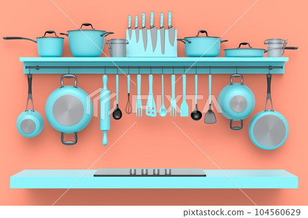 Set of kitchen utensil, stewpot, frying pan and chrome cookware hanging on shelf 104560629