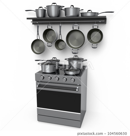 Set of kitchen utensil, stewpot, frying pan and chrome cookware hanging on shelf 104560630