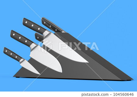 Set of chef's kitchen knives and kitchen utensil hanging on shelf 104560646