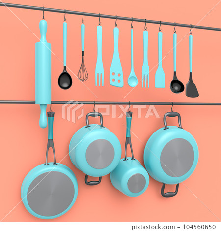 Set of kitchen utensil, stewpot, frying pan and chrome cookware hanging on shelf 104560650