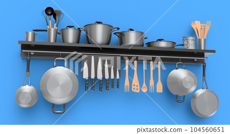 Set of kitchen utensil, stewpot, frying pan and chrome cookware hanging on shelf Set of kitchen utensil, stewpot, frying pan and chrome cookware hanging on shelf 104560651