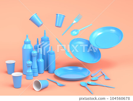 Set of disposable utensils like plate, folk, spoon,knife, cup and pepper mill Set of disposable utensils like plate, folk, spoon,knife, cup and pepper mill 104560678