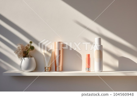 Skincare set with minimal background and shadow. Different cosmetics products are over the concrete wall with lighting and shadows. Cosmetic product presentation Skincare set with minimal background and shadow. Different cosmetics products are over the concrete wall with lighting and shadows. Cosmetic product presentation 104560948