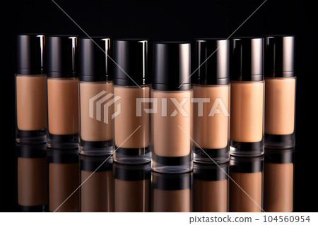 Many bottles of makeup foundation on dark background. Cosmetic product presentation. Copy space, nude colors 104560954