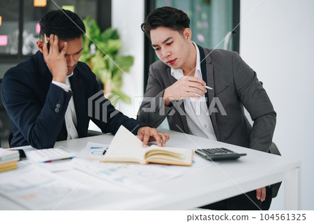 Burnout, stress and business man overworked from too much, work overload and pressure marketing corporate company. Time management, frustrated and tired employee 104561325