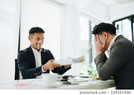 Burnout, stress and business man overworked from too much, work overload and pressure marketing corporate company. Time management, frustrated and tired employee 104561496