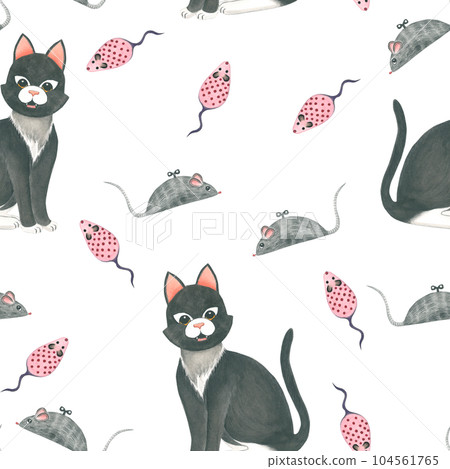 Watercolor illustration cat and mice . Seamless pattern hand drawn on a transparent background. For the design and decoration of souvenirs, wrapping paper, posters, postcards, prints. Watercolor illustration cat and mice . Seamless pattern hand drawn on a transparent background. For the design and decoration of souvenirs, wrapping paper, posters, postcards, prints. 104561765