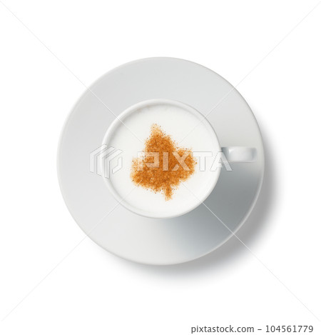 Top view of hot coffee latte cappuccino foam isolated on white background. 104561779