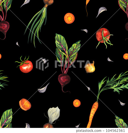 Watercolor seamless pattern with hand drawn carrot, beetroot, onion, tomato, garlic. vegetables isolated on black background. healthy plants for print, fabric, wrapping paper, banner 104562361