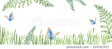 Green branches, grass, blue butterflies. Watercolor horisontal banner, frame. Botanical illustration. Perfect as a web banner, card and invitation template. Green branches, grass, blue butterflies. Watercolor horisontal banner, frame. Botanical illustration. Perfect as a web banner, card and invitation template. 104562421