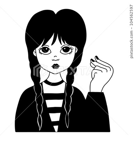 Wednesday. Cute girl wednesday addams with braids. Vector illustration. Hand drawn. 104562597