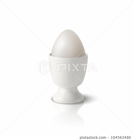 Vector 3d Realistic White Chicken Egg in a White Ceramic, Porcelain Boiled Egg Cup Holder, Stand for Breakfast. Chicken Egg Icon, Isolated, Front View 104563480