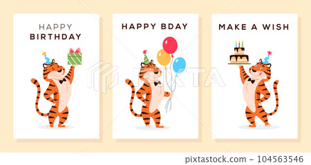Cartoon smiling tigers in party hat with balloons, cake, present. Happy Birthday, B day, Make a wish greeting cards, invitation design set. Festive birth celebration postcards vector illustration. Cartoon smiling tigers in party hat with balloons, cake, present. Happy Birthday, B day, Make a wish greeting cards, invitation design set. Festive birth celebration postcards vector illustration. 104563546