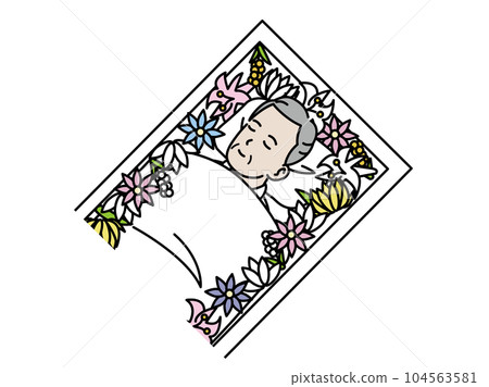 棺材裡放著一具老人的屍體，上面放著鮮花 104563581