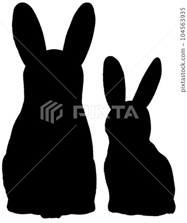 Rabbit parent and child back view simple black and white illustration silhouette 104563935