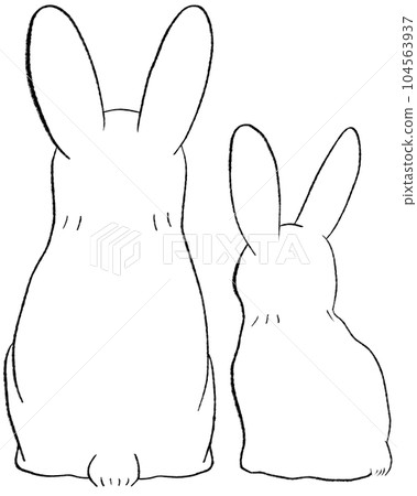 兔子父母和孩子的後視圖簡單寬鬆可愛的黑白插圖 104563937