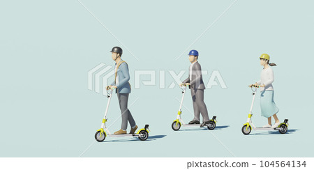 People riding electric scooters on the road / Image of bike sharing and urban electric mobility 104564134
