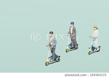 People riding electric scooters on the road / Image of bike sharing and urban electric mobility 104564135
