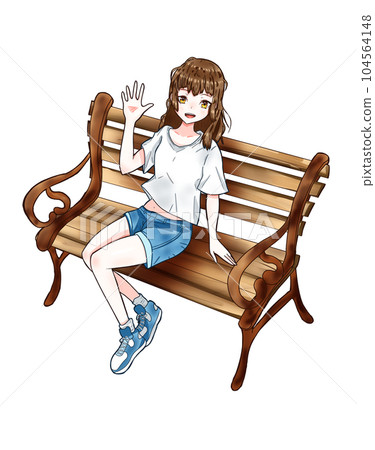 A girl sitting on a bench and waving a hand 104564148