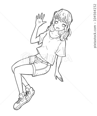 Girl sitting and waving her hand line drawing Girl sitting and waving her hand line drawing 104564152