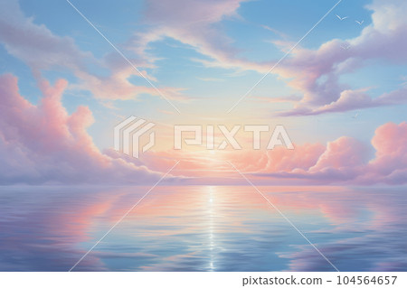 Beautiful pastel tone color sky reflection on water with sunlight. 104564657